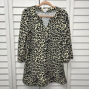 Jude Connally Leopard Print 3/4 Sleeve V-Neck Stretch Tunic Top Size Large